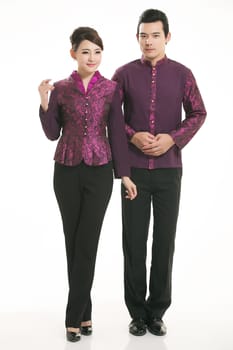 Wear clothing occupation Chinese waiters in white background