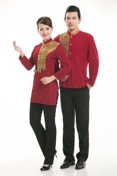 Wear clothing occupation Chinese waiters in white background