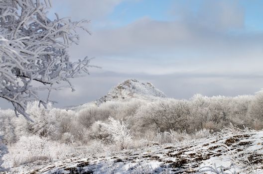 Mount Beshtau Ridges and Hills with Snowy Trees and  Frozen Snowy Tree Branches on Blue Cloudy Sky background Outdoors