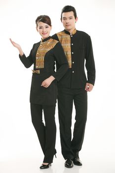 Wear clothing occupation Chinese waiters in white background