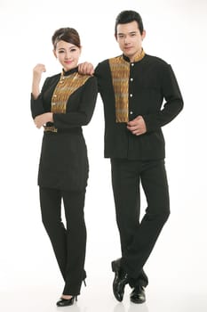 Wear clothing occupation Chinese waiters in white background