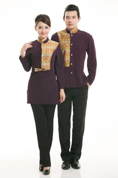 Wear clothing occupation Chinese waiters in white background