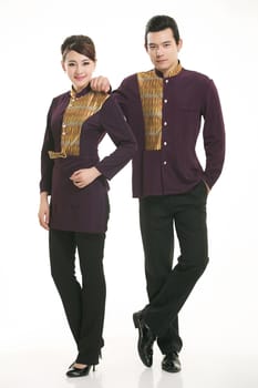 Wear clothing occupation Chinese waiters in white background