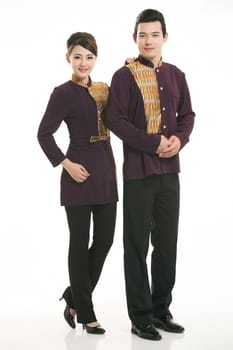 Wear clothing occupation Chinese waiters in white background