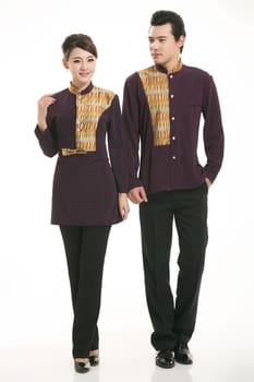 Wear clothing occupation Chinese waiters in white background