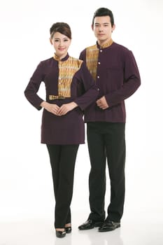 Wear clothing occupation Chinese waiters in white background