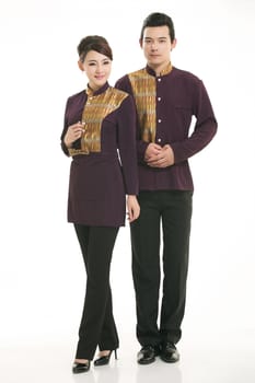 Wear clothing occupation Chinese waiters in white background