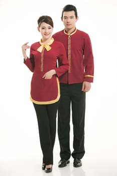 Wear clothing occupation Chinese waiters in white background