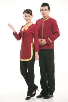 Wear clothing occupation Chinese waiters in white background