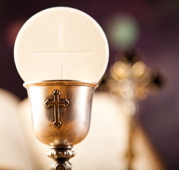 Eucharist, sacrament of communion, bright background, saturated concept