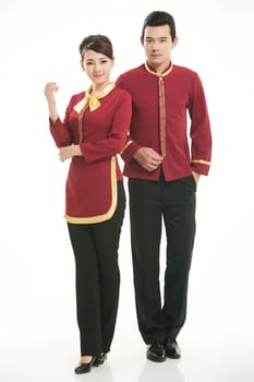 Wear clothing occupation Chinese waiters in white background