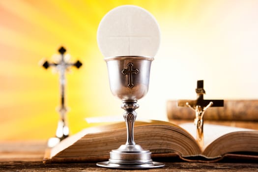 Eucharist, sacrament of communion, bright background, saturated concept