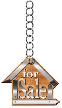 Wooden and metallic sign in the shape of house with text for sale. For sale real estate sign hanging from a chain and isolated on white background