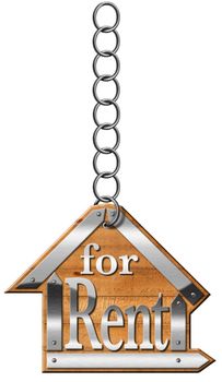 Wooden and metallic sign in the shape of house with text for rent. For rent real estate sign hanging from a chain and isolated on white background