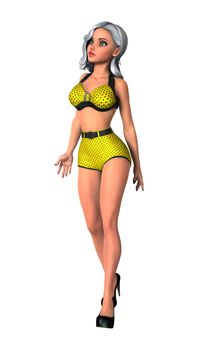 3D digital render of a beautiful pinup girl wearing a swimming suit isolated on white background