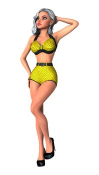3D digital render of a beautiful pinup girl wearing a swimming suit isolated on white background
