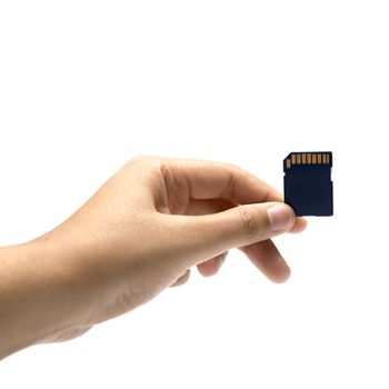 sd card in hand isolated on white background