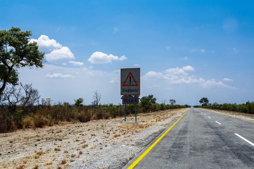 Endless road with blue sky and sign elephants crossing in Namibia, Caprivi Game Park, with blue sky