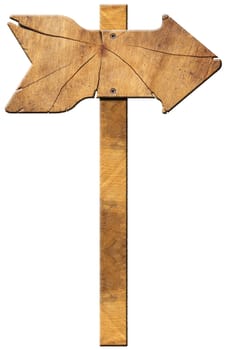 Wooden directional sign with one empty arrow isolated on white background