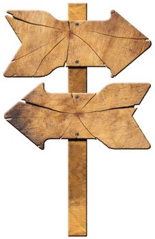 Wooden directional sign with two empty arrows in opposite direction isolated on white background