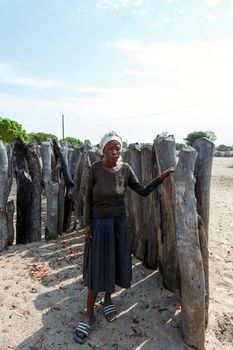 NAMIBIA, KAVANGO, OCTOBER 15: Unidentified old wrinkled woman ahead of village. Kavango is region, with the highest poverty level in Namibia. October 15, 2014