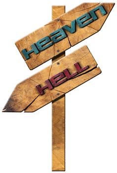 Wooden directional sign with two arrows in opposite direction with text heaven and hell isolated on white background