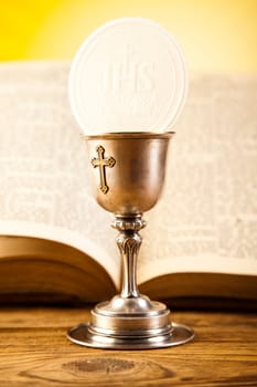 Holy Communion Bread, Wine, bright background, saturated concept