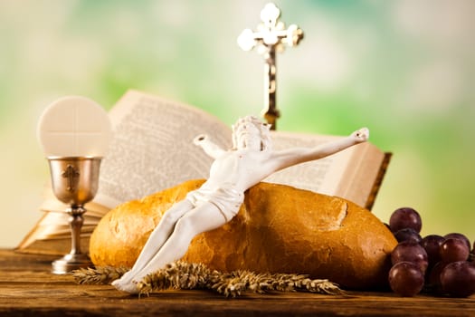 Holy Communion Bread, Wine, bright background, saturated concept