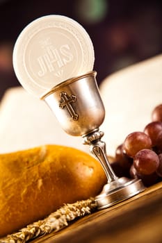 Holy Communion Bread, Wine, bright background, saturated concept