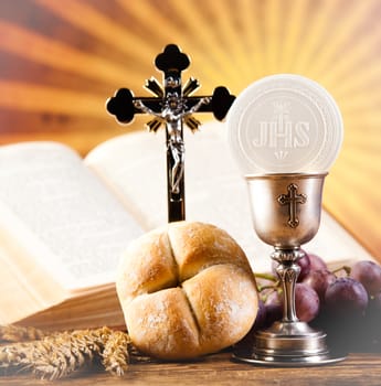 Holy Communion Bread, Wine, bright background, saturated concept
