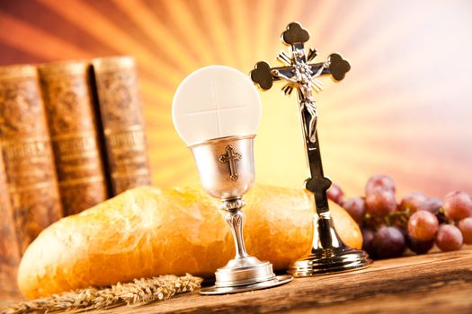 Holy Communion Bread, Wine, bright background, saturated concept