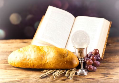 Holy Communion Bread, Wine, bright background, saturated concept
