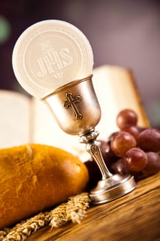 Holy Communion Bread, Wine, bright background, saturated concept