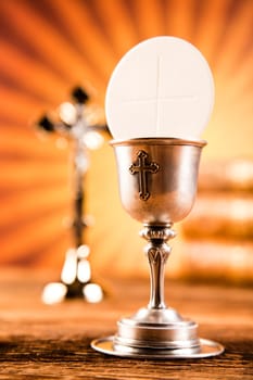 Holy Communion Bread, Wine, bright background, saturated concept