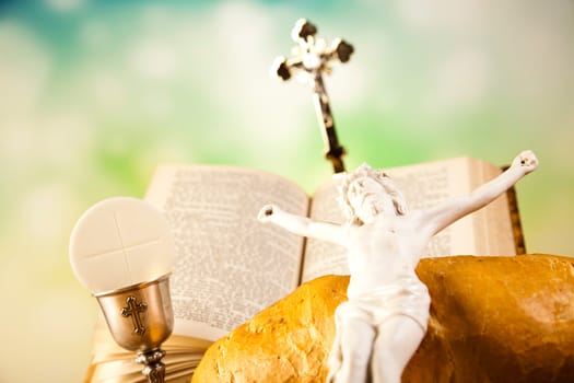 Holy Communion Bread, Wine, bright background, saturated concept
