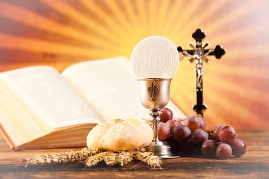 Holy Communion Bread, Wine, bright background, saturated concept