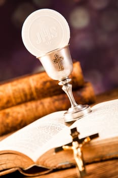Holy Communion Bread, Wine, bright background, saturated concept