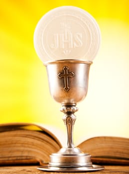 Holy Communion Bread, Wine, bright background, saturated concept