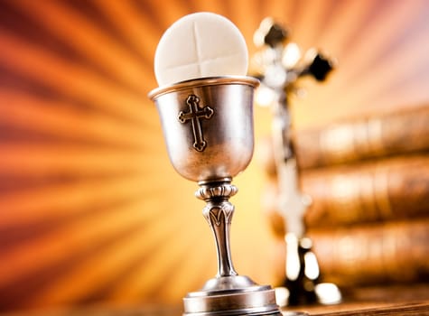 Holy Communion Bread, Wine, bright background, saturated concept