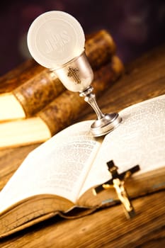 Holy Communion Bread, Wine, bright background, saturated concept