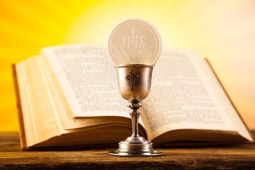 Holy Communion Bread, Wine, bright background, saturated concept