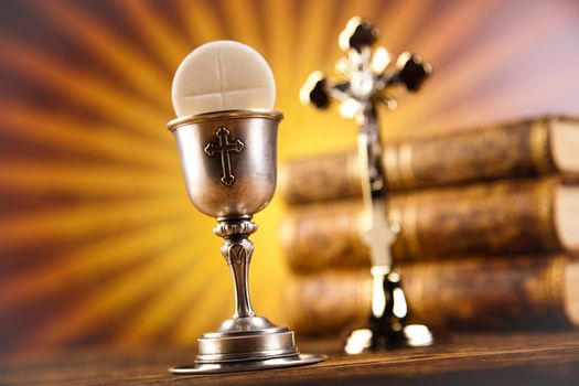 Holy Communion Bread, Wine, bright background, saturated concept