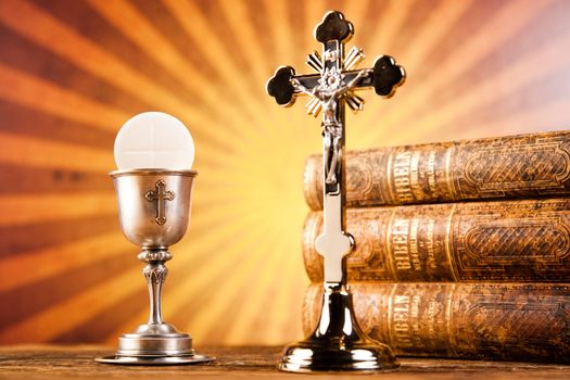 Holy Communion Bread, Wine, bright background, saturated concept