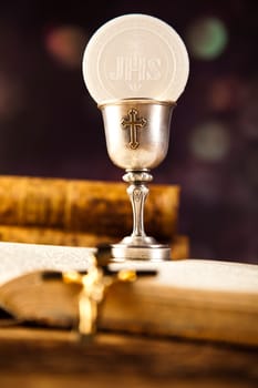 Holy Communion Bread, Wine, bright background, saturated concept