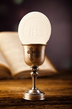 Holy Communion Bread, Wine, bright background, saturated concept