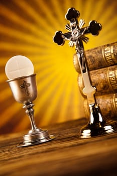 Holy Communion Bread, Wine, bright background, saturated concept