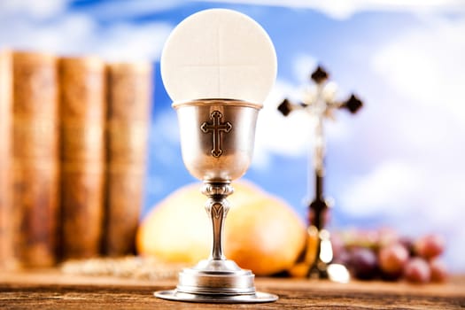 Holy Communion Bread, Wine, bright background, saturated concept