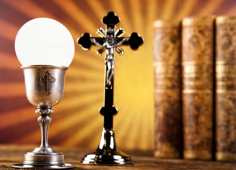 Holy Communion Bread, Wine, bright background, saturated concept