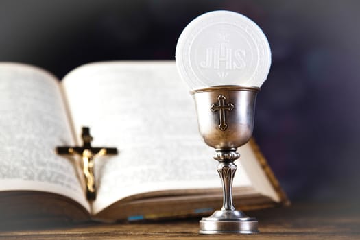 Holy Communion Bread, Wine, bright background, saturated concept