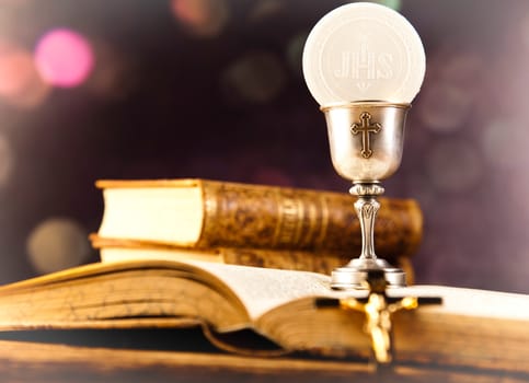 Holy Communion Bread, Wine, bright background, saturated concept